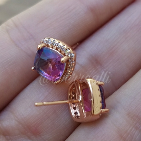 Rose Gold Purple Rainbow Diamond Halo Earrings - Picture 5 of 5